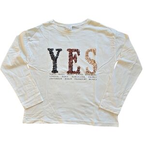 Zara Long Sleeve Tee with Sequin YES Design, Size 9